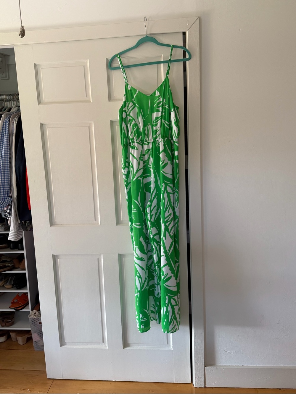 Green and White Tropical Print Spaghetti Strap Jumpsuit